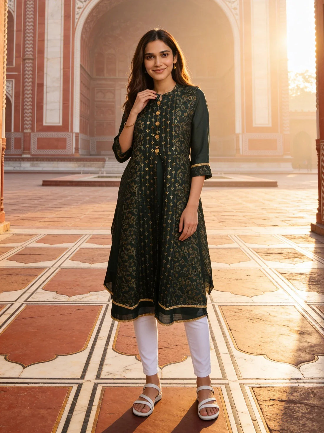 Buy Poly Viscose Printed Anarkali Calf Length Kurta-Green