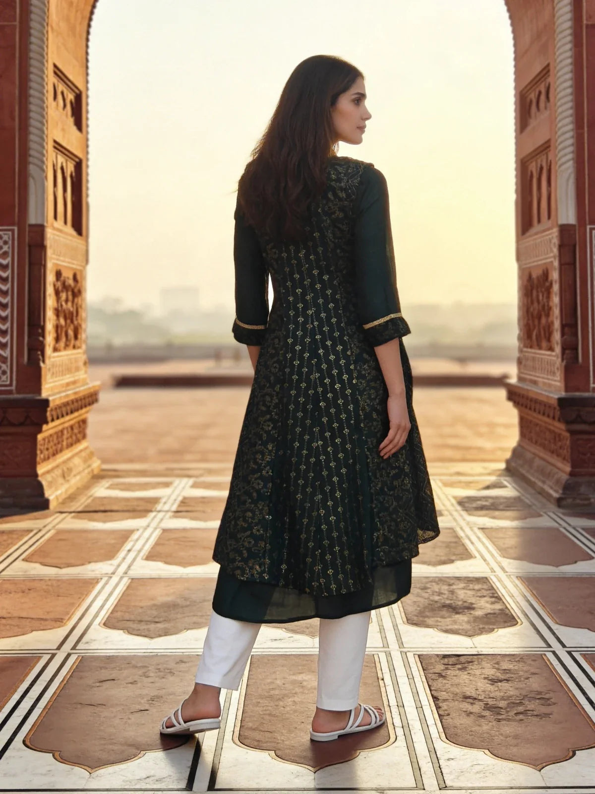 Buy Poly Viscose Printed Anarkali Calf Length Kurta-Green