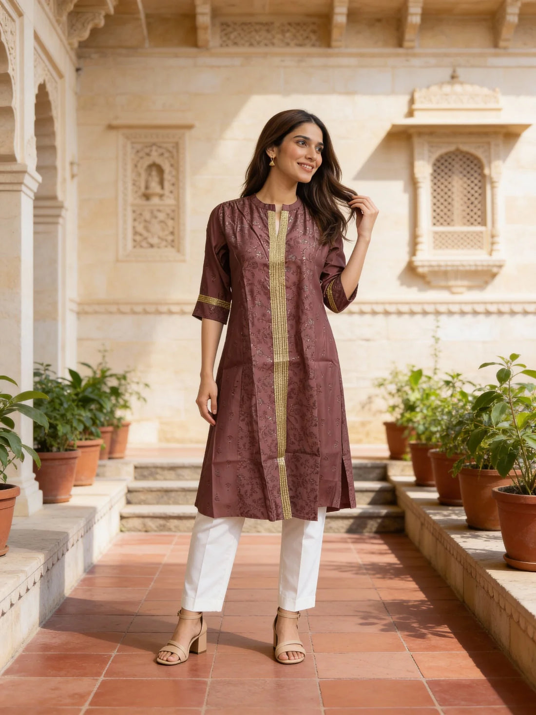 Buy Poly Viscose Embroidered A-Line Calf Length Kurta-Mauve