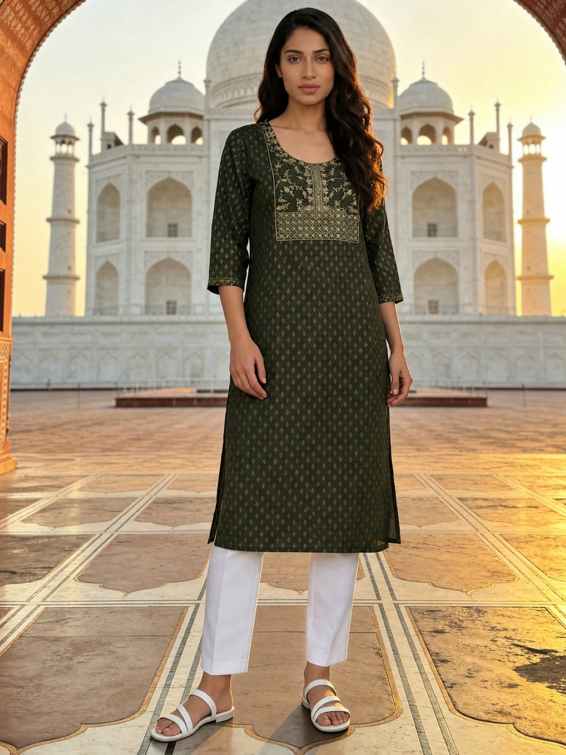 Buy Green Poly Viscose Embroidered Straight Calf Length Kurta-Green