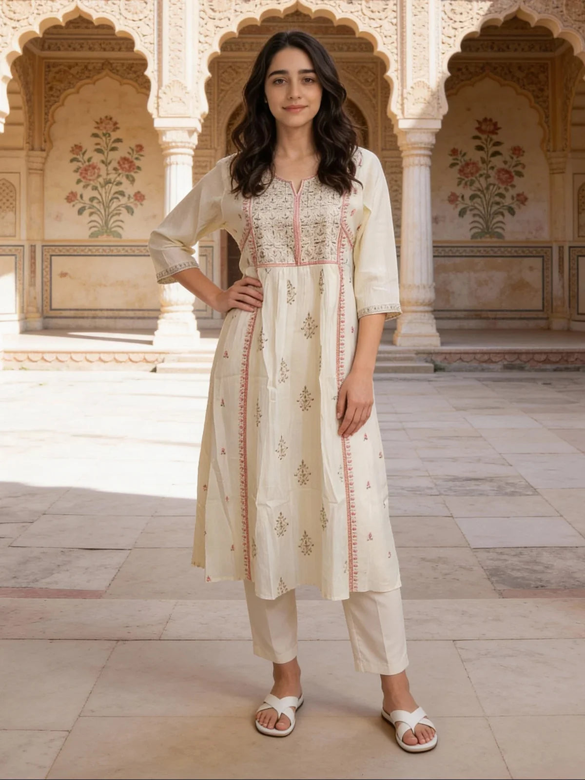 Buy Rayon Embroidered Anarkali Calf Length Kurta-Off White