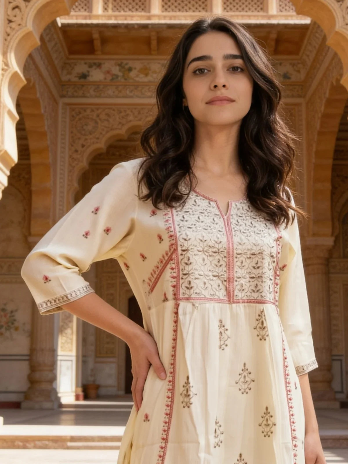 Buy Rayon Embroidered Anarkali Calf Length Kurta-Off White