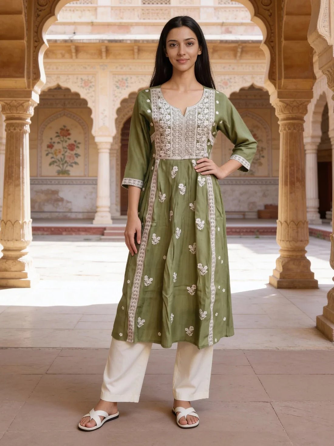 Buy Rayon Embroidered Anarkali Calf Length Kurta-Pista Green