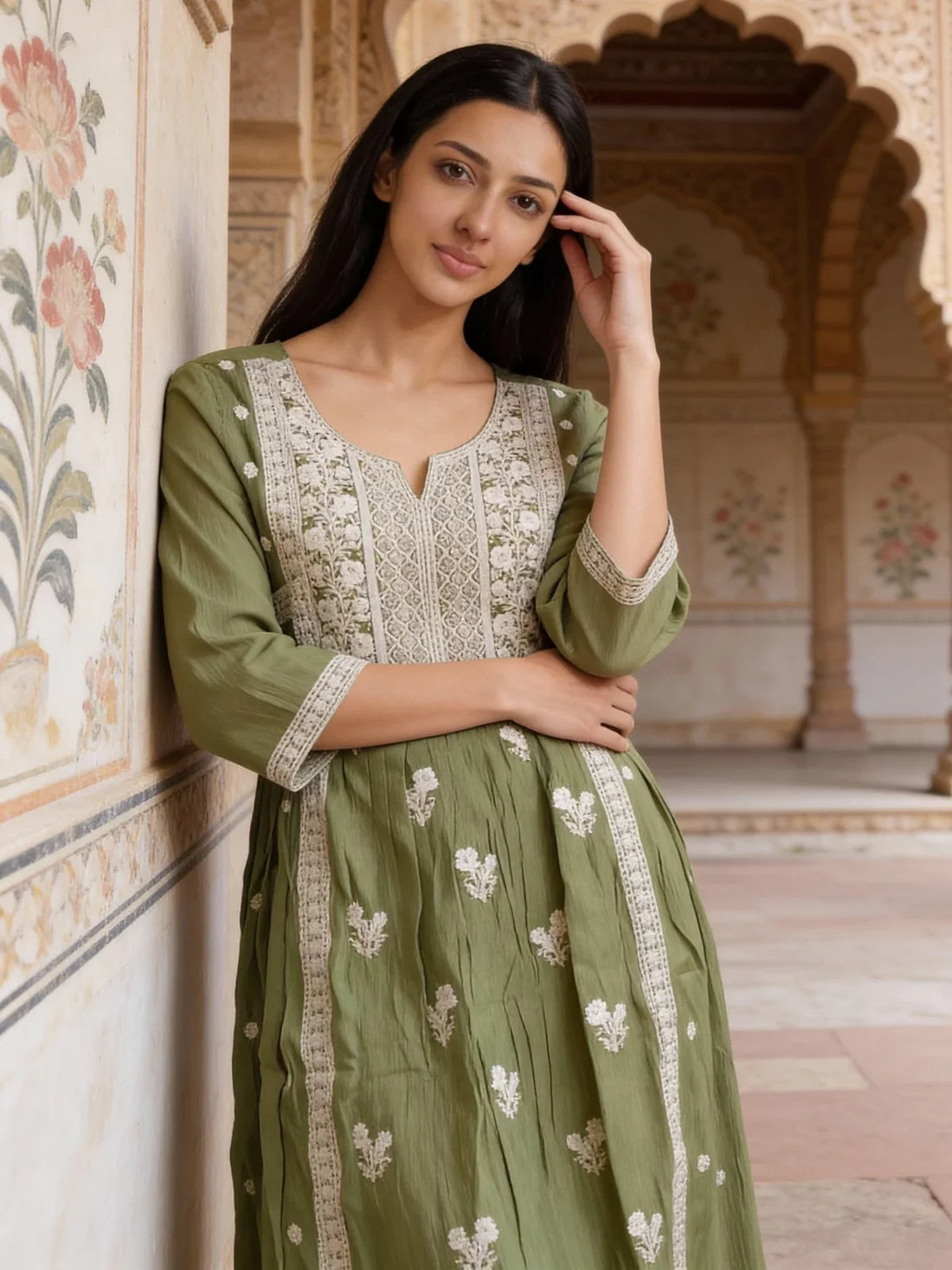 Buy Rayon Embroidered Anarkali Calf Length Kurta-Pista Green