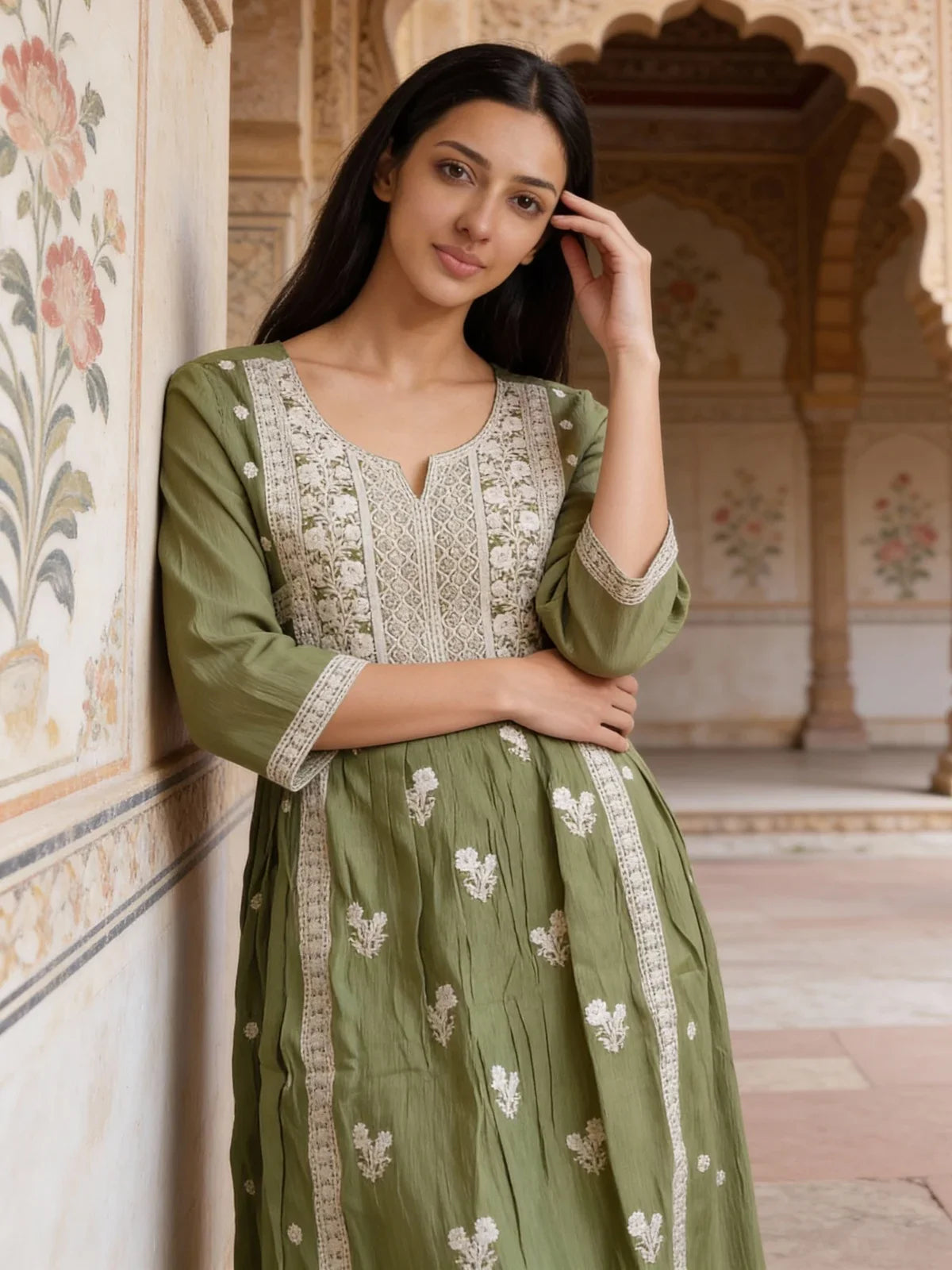 Buy Rayon Embroidered Anarkali Calf Length Kurta-Pista Green