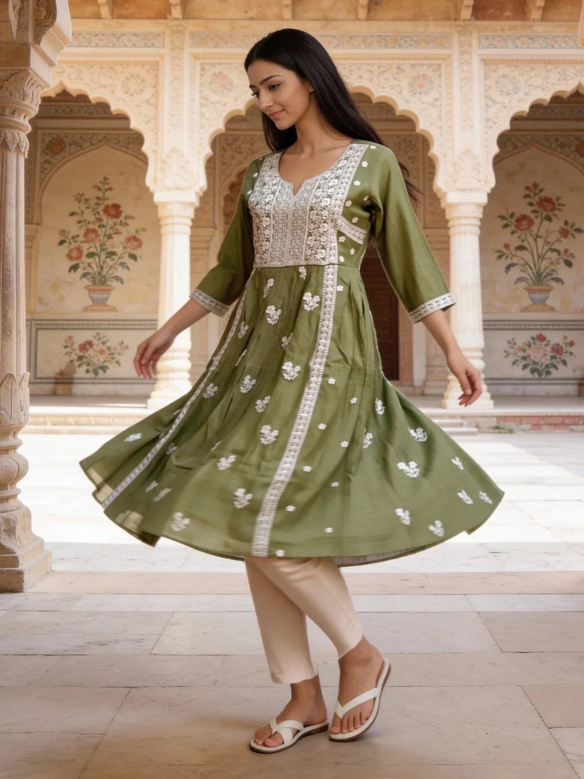 Buy Rayon Embroidered Anarkali Calf Length Kurta-Pista Green