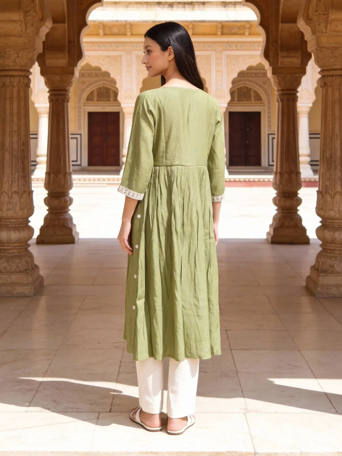Buy Rayon Embroidered Anarkali Calf Length Kurta-Pista Green