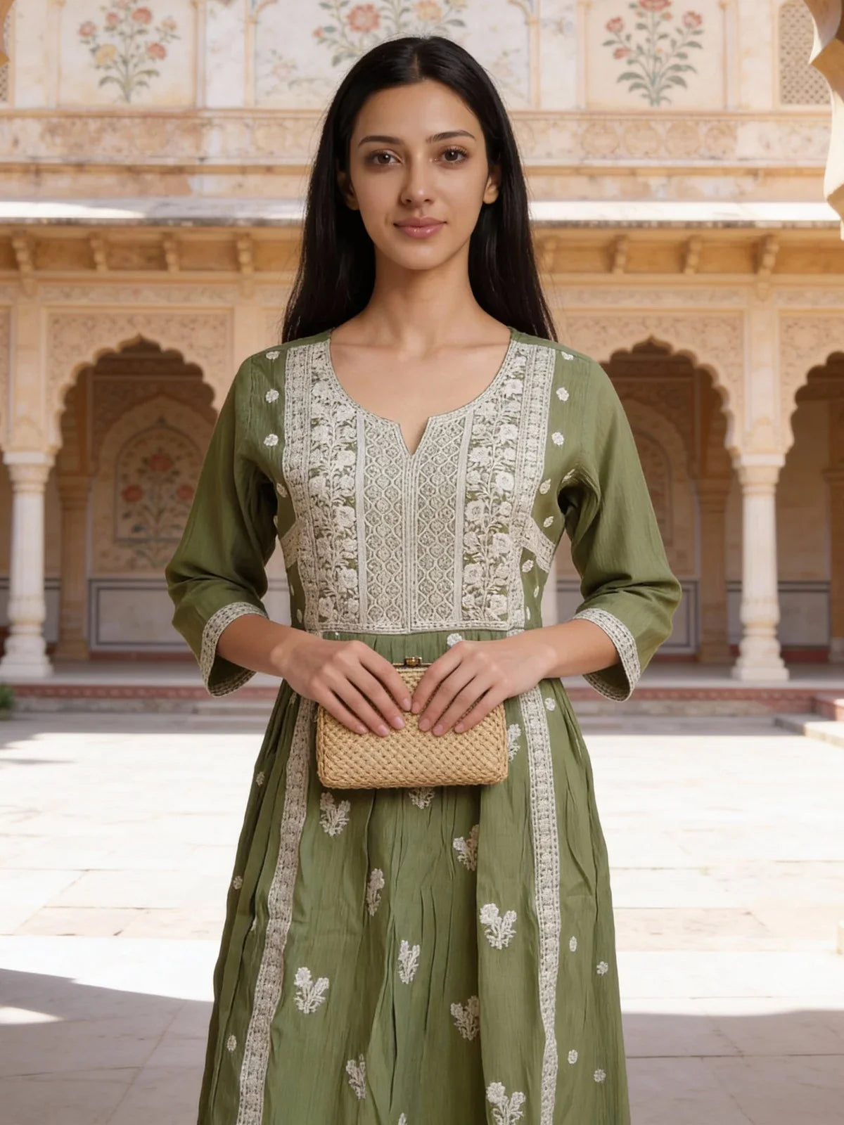 Buy Rayon Embroidered Anarkali Calf Length Kurta-Pista Green