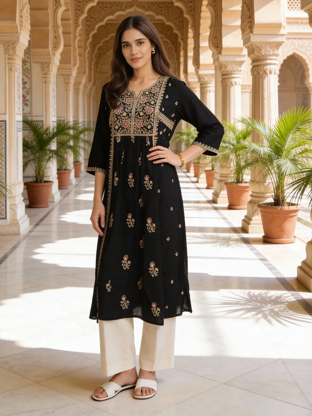 Buy Rayon Embroidered Anarkali Calf Length Kurta-Black