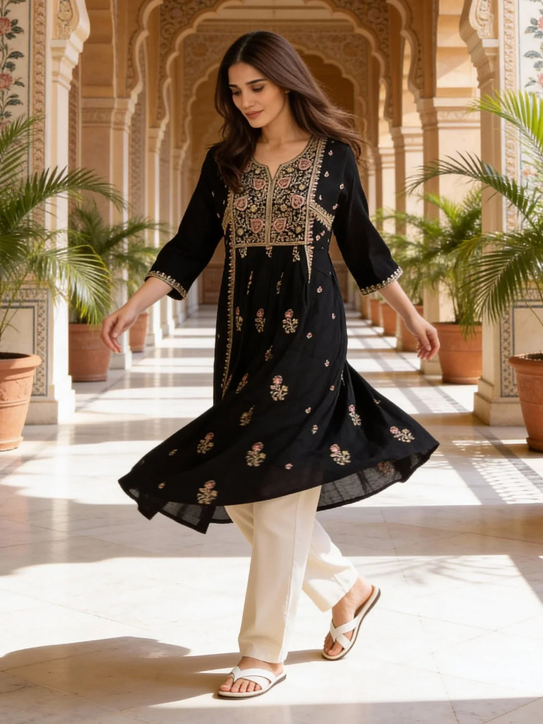 Buy Rayon Embroidered Anarkali Calf Length Kurta-Black