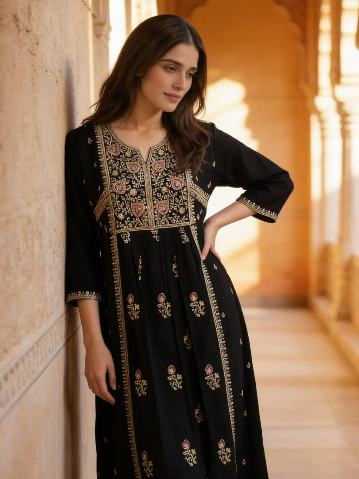 Buy Rayon Embroidered Anarkali Calf Length Kurta-Black