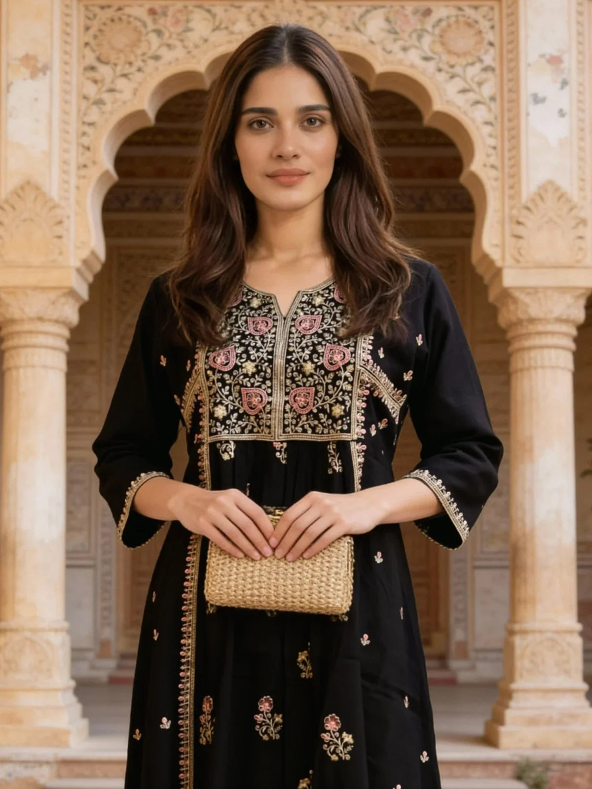 Buy Rayon Embroidered Anarkali Calf Length Kurta-Black