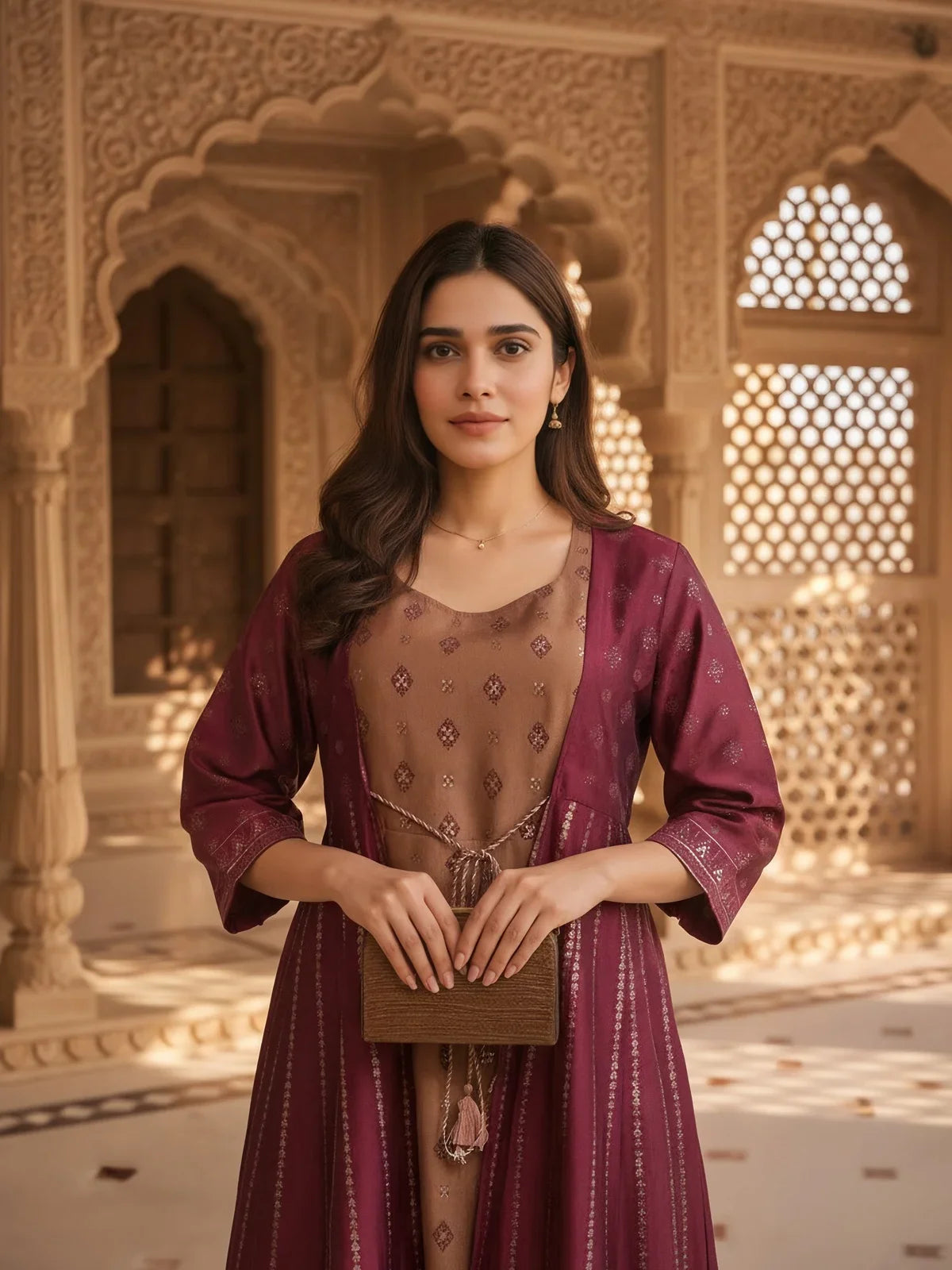 Buy Poly Viscose Printed Layered Calf Length Kurta-Maroon