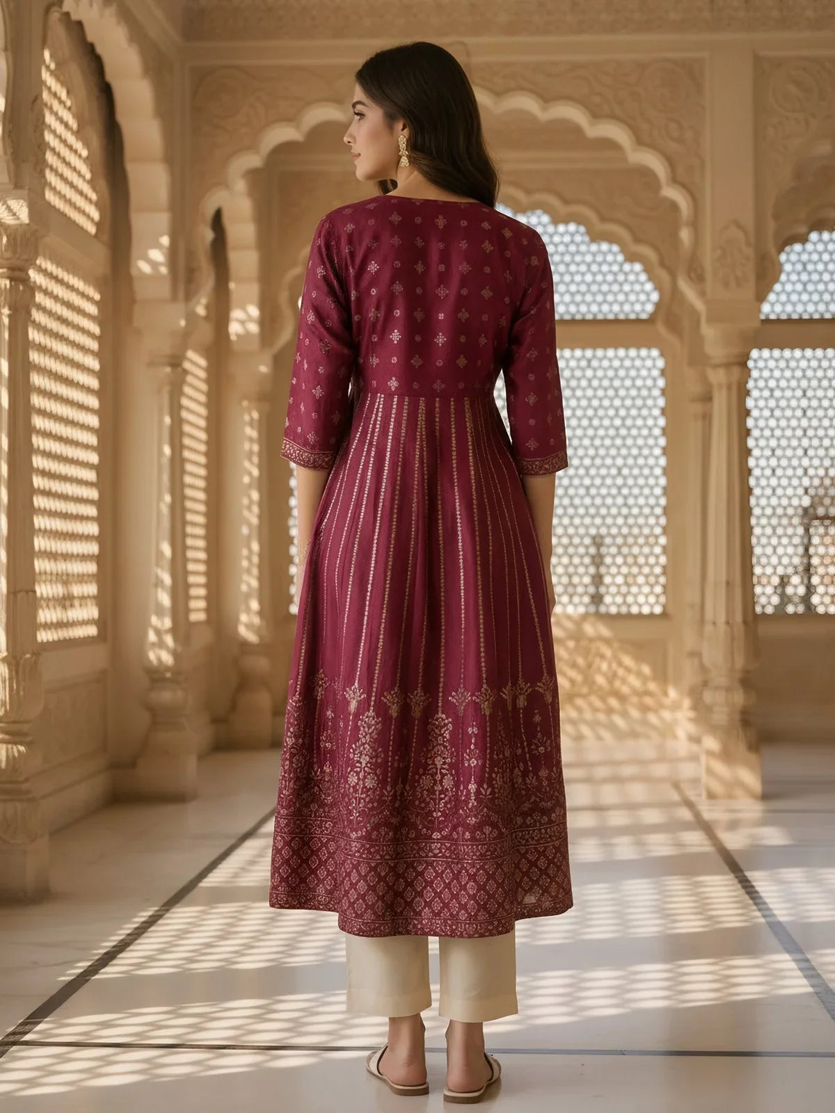 Buy Poly Viscose Printed Layered Calf Length Kurta-Maroon