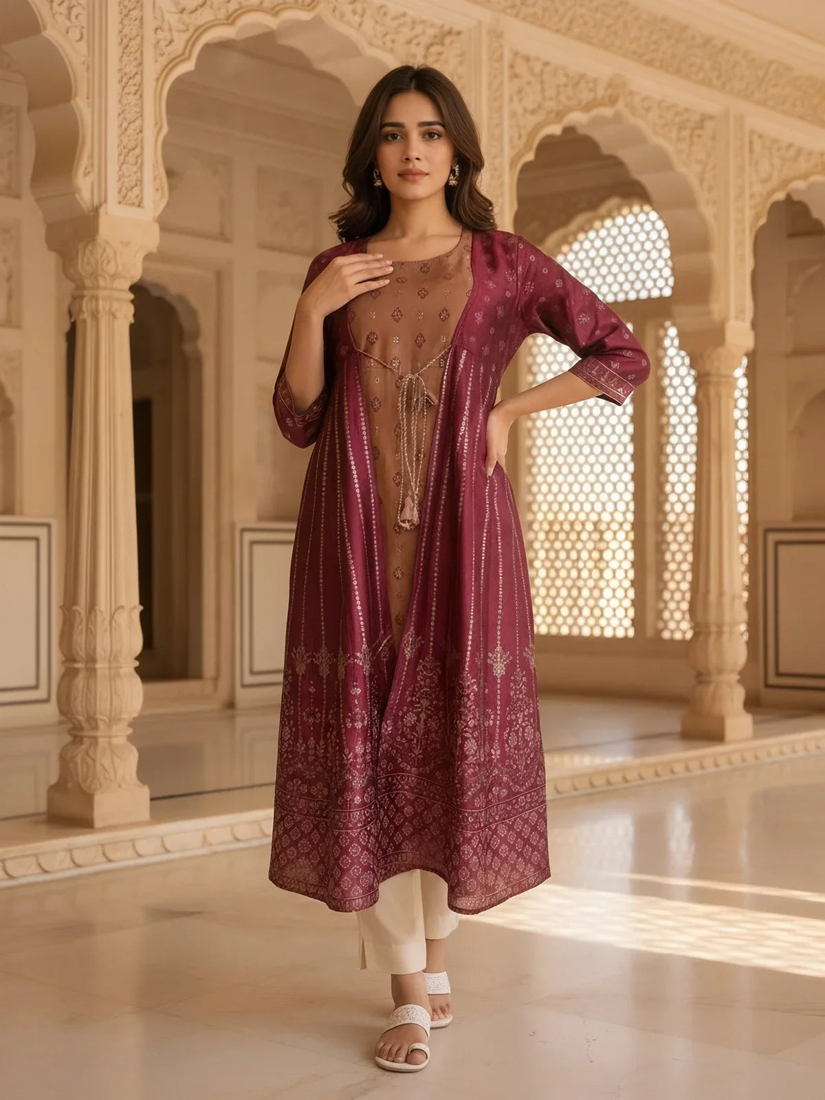 Buy Poly Viscose Printed Layered Calf Length Kurta-Maroon