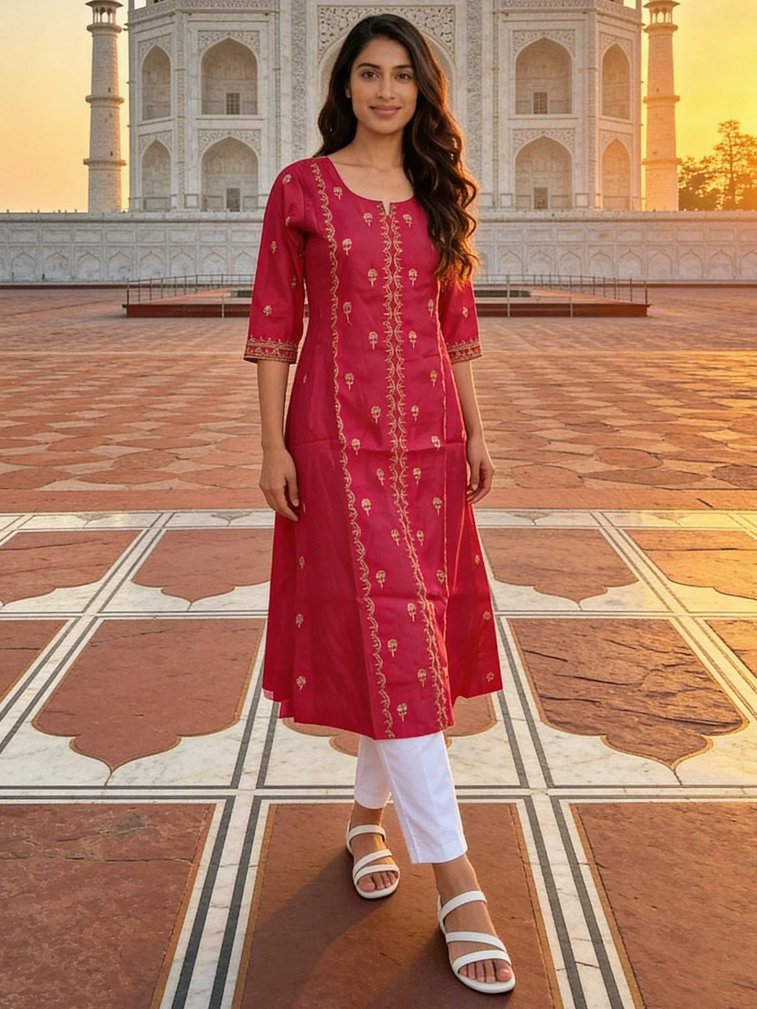 Buy Poly Viscose Embroidered Kalidar Calf Length Kurta-Red