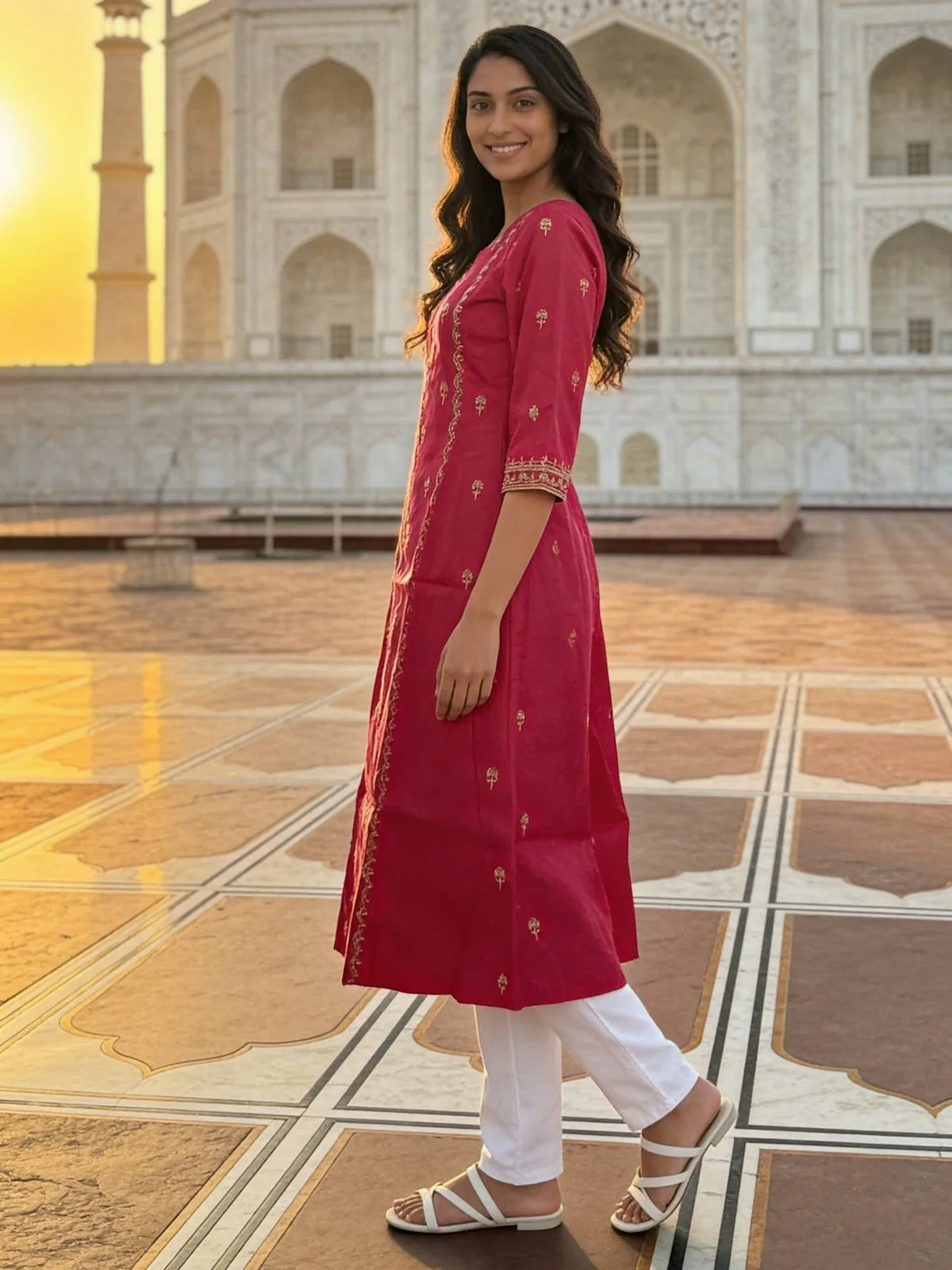 Buy Poly Viscose Embroidered Kalidar Calf Length Kurta-Red