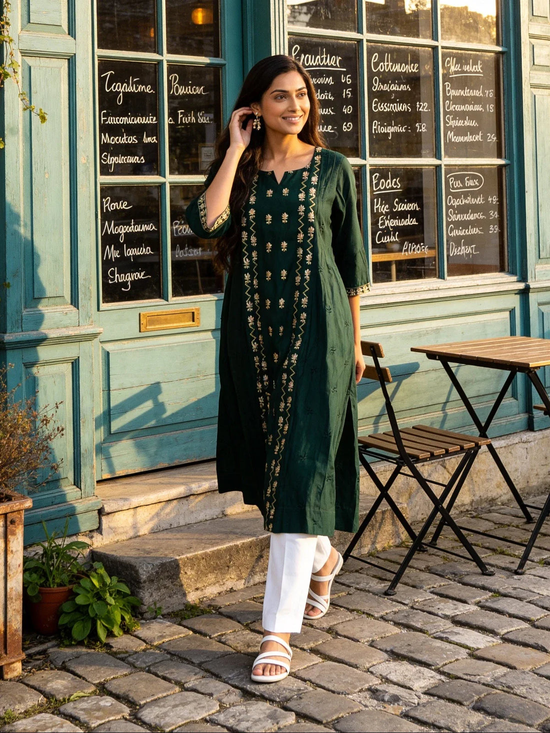 Buy Poly Viscose Embroidered Flared Calf Length Kurta-Green