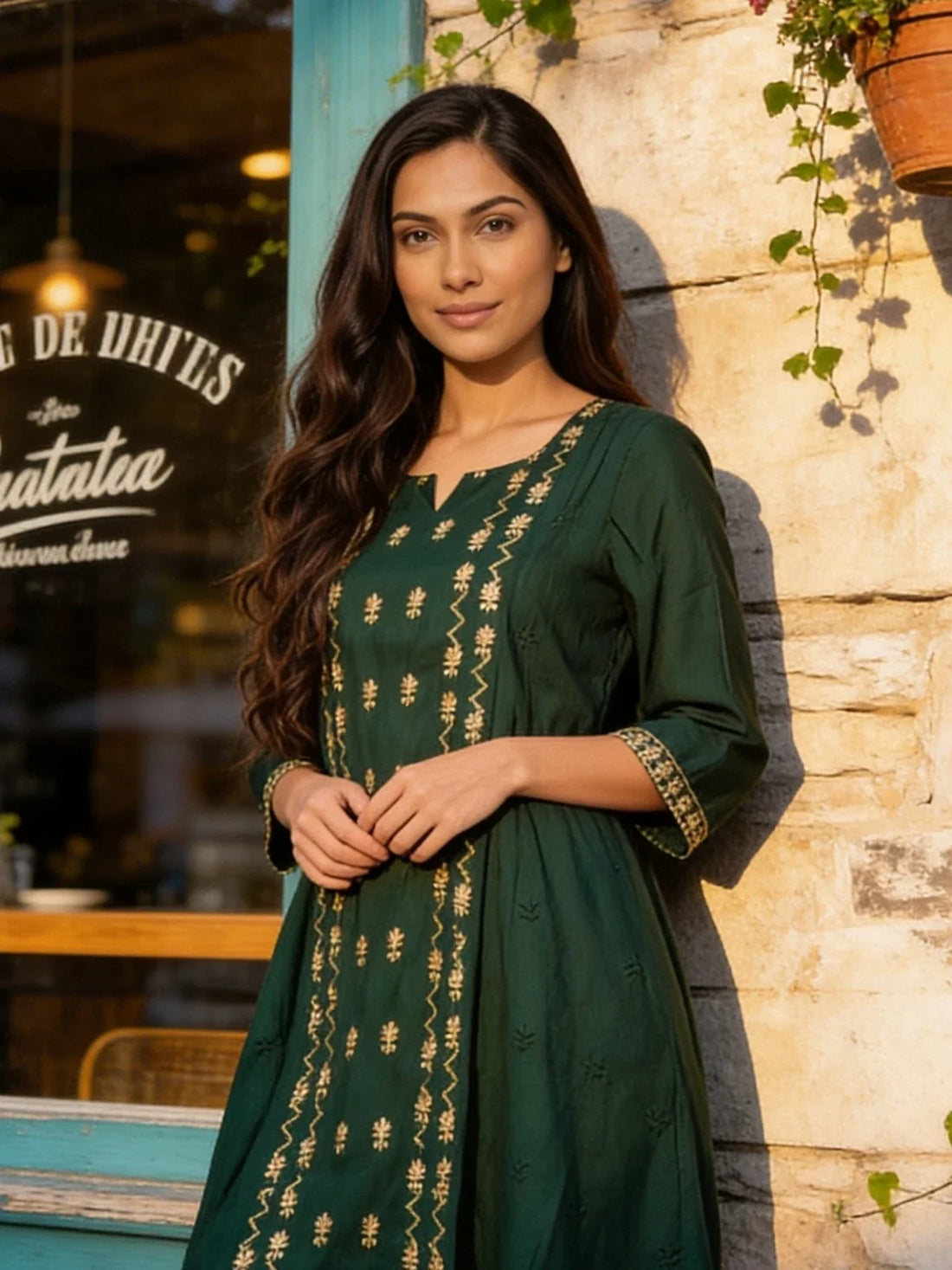 Buy Poly Viscose Embroidered Flared Calf Length Kurta-Green