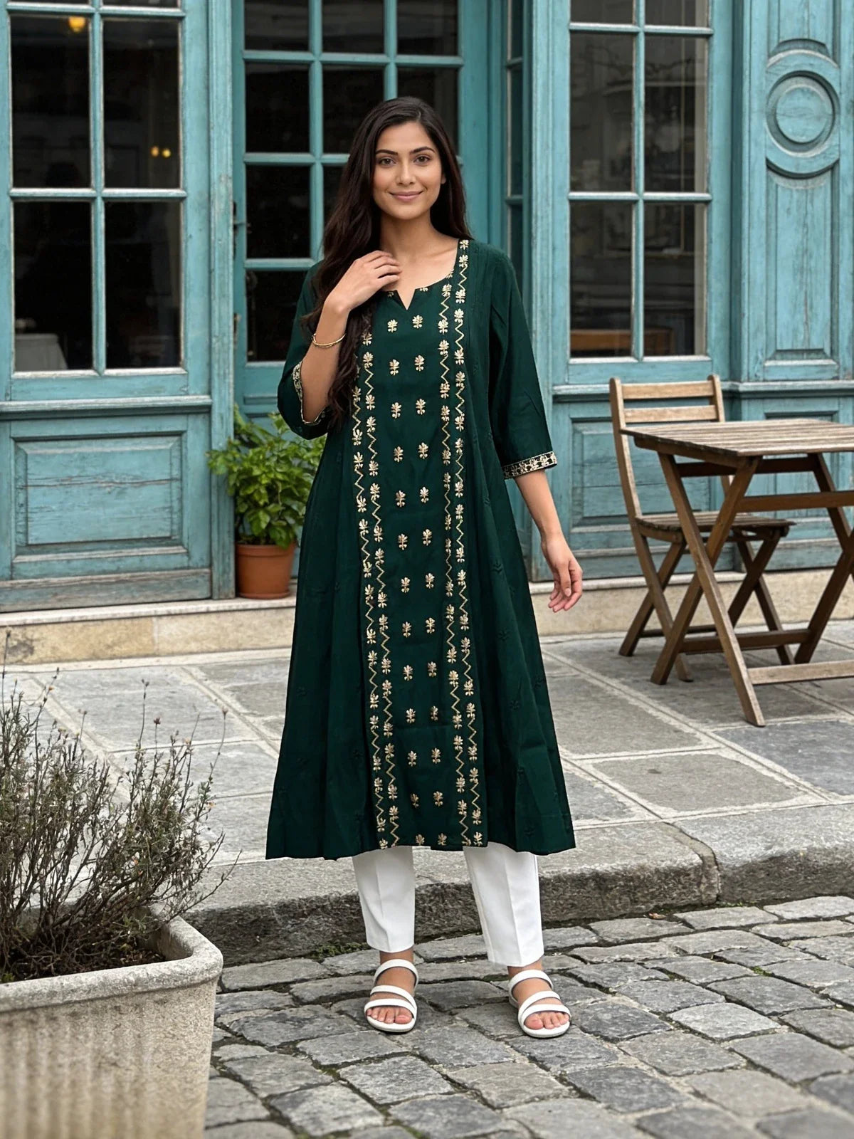 Buy Poly Viscose Embroidered Flared Calf Length Kurta-Green
