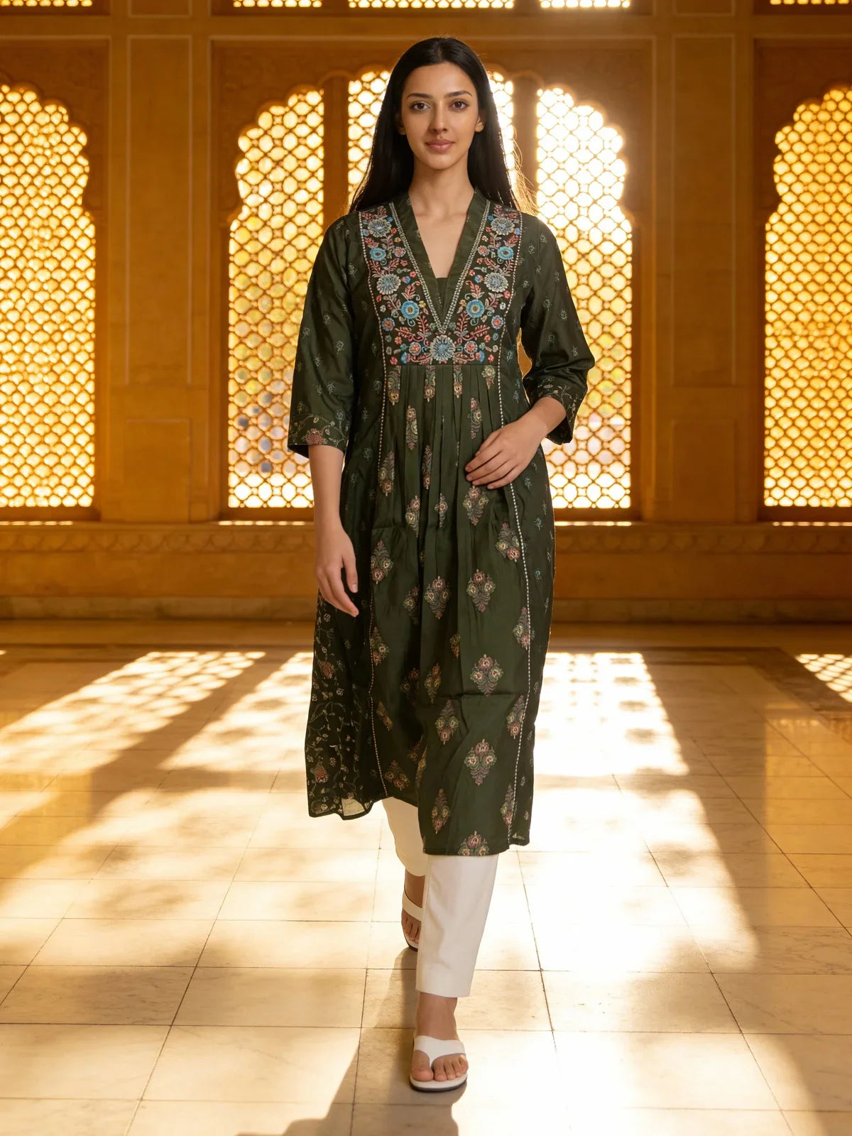 Buy Poly Viscose Embroidered Anarkali Calf Length Kurta-Green