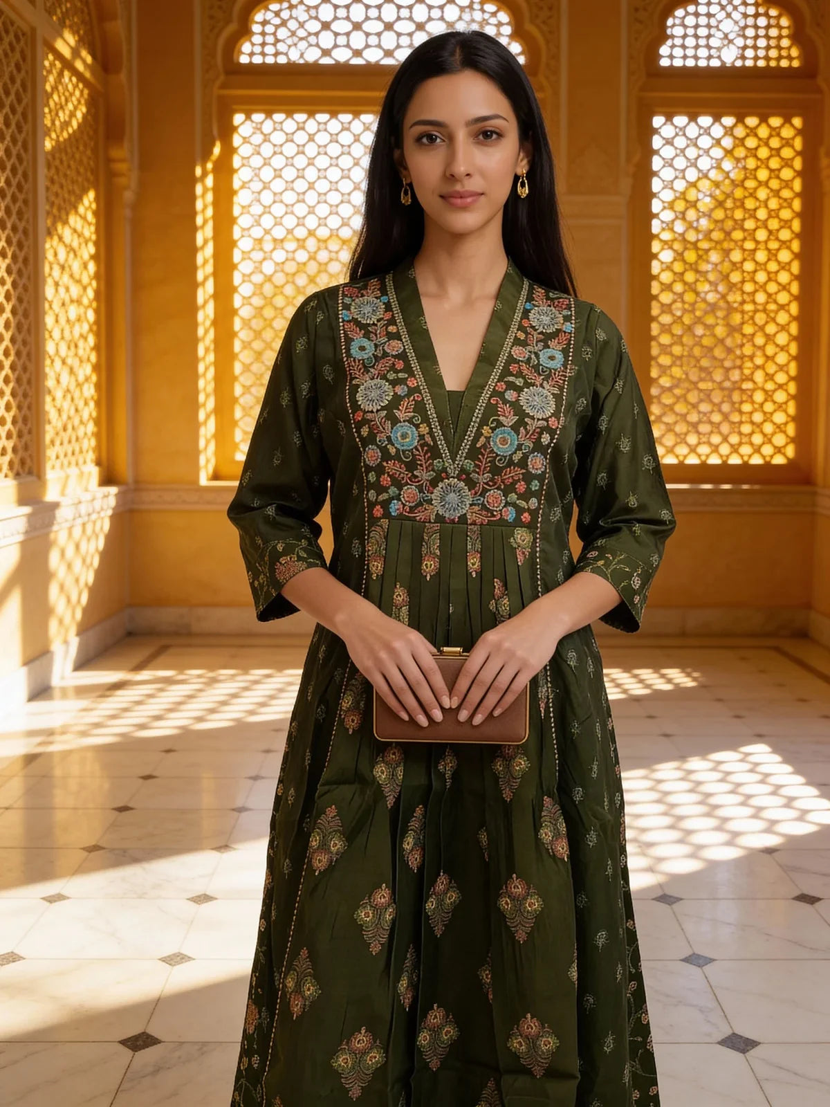 Buy Poly Viscose Embroidered Anarkali Calf Length Kurta-Green