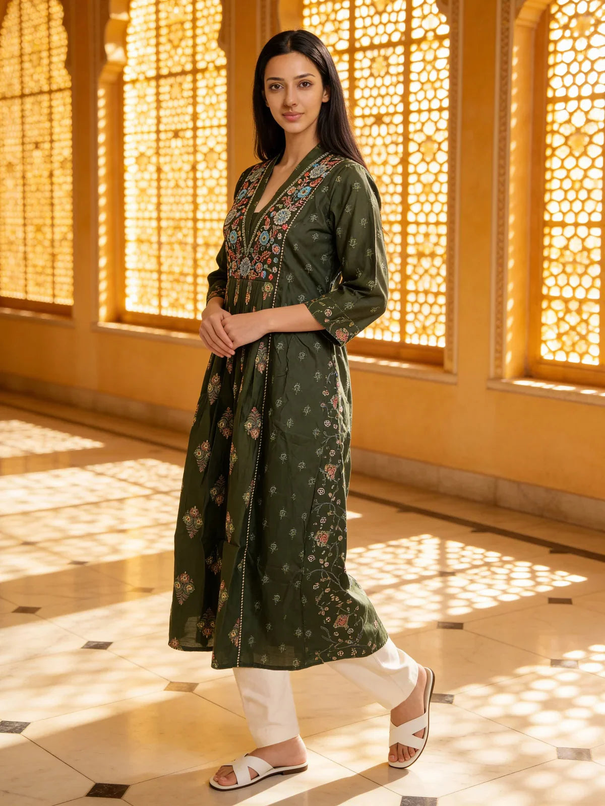 Buy Poly Viscose Embroidered Anarkali Calf Length Kurta-Green