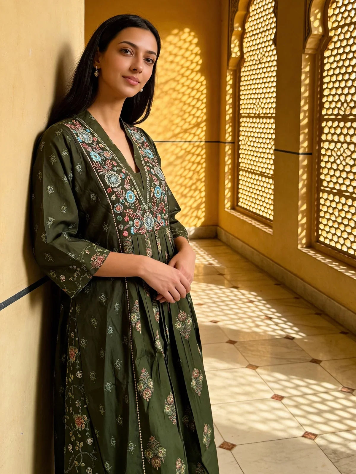 Buy Poly Viscose Embroidered Anarkali Calf Length Kurta-Green