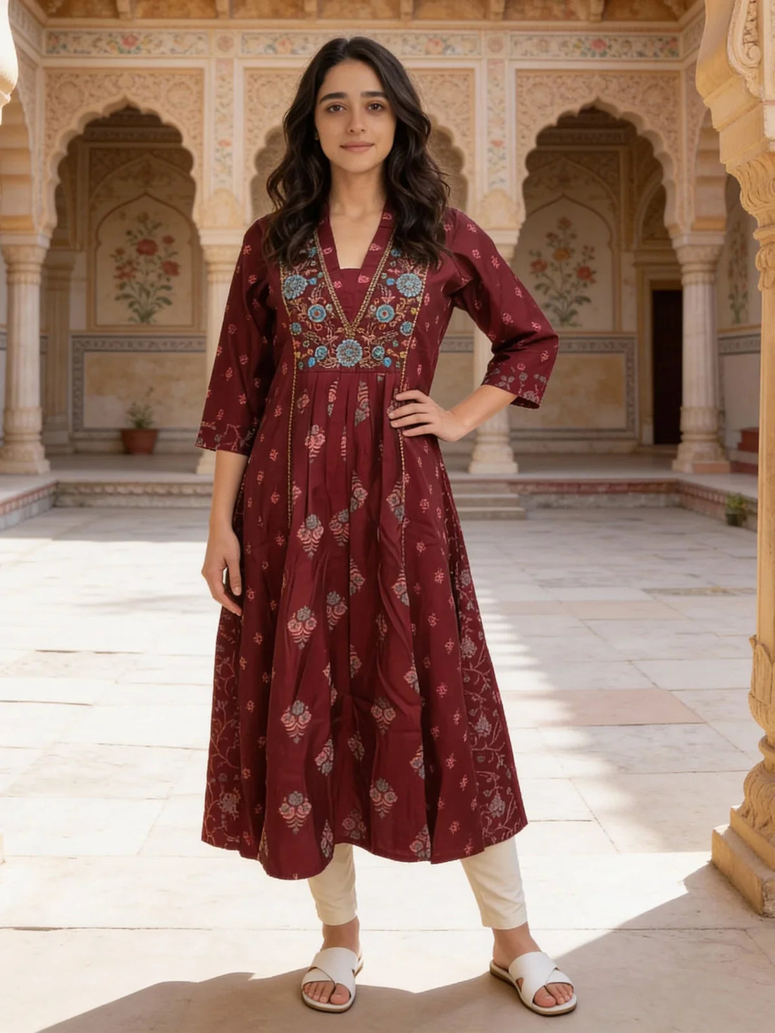 Buy Poly Viscose Embroidered Anarkali Calf Length Kurta-Maroon