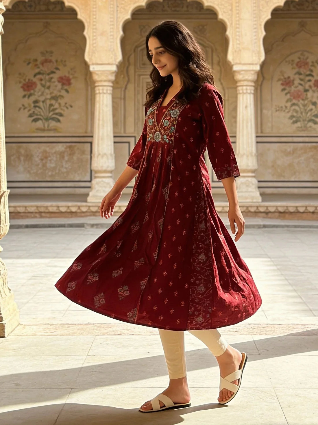 Buy Poly Viscose Embroidered Anarkali Calf Length Kurta-Maroon