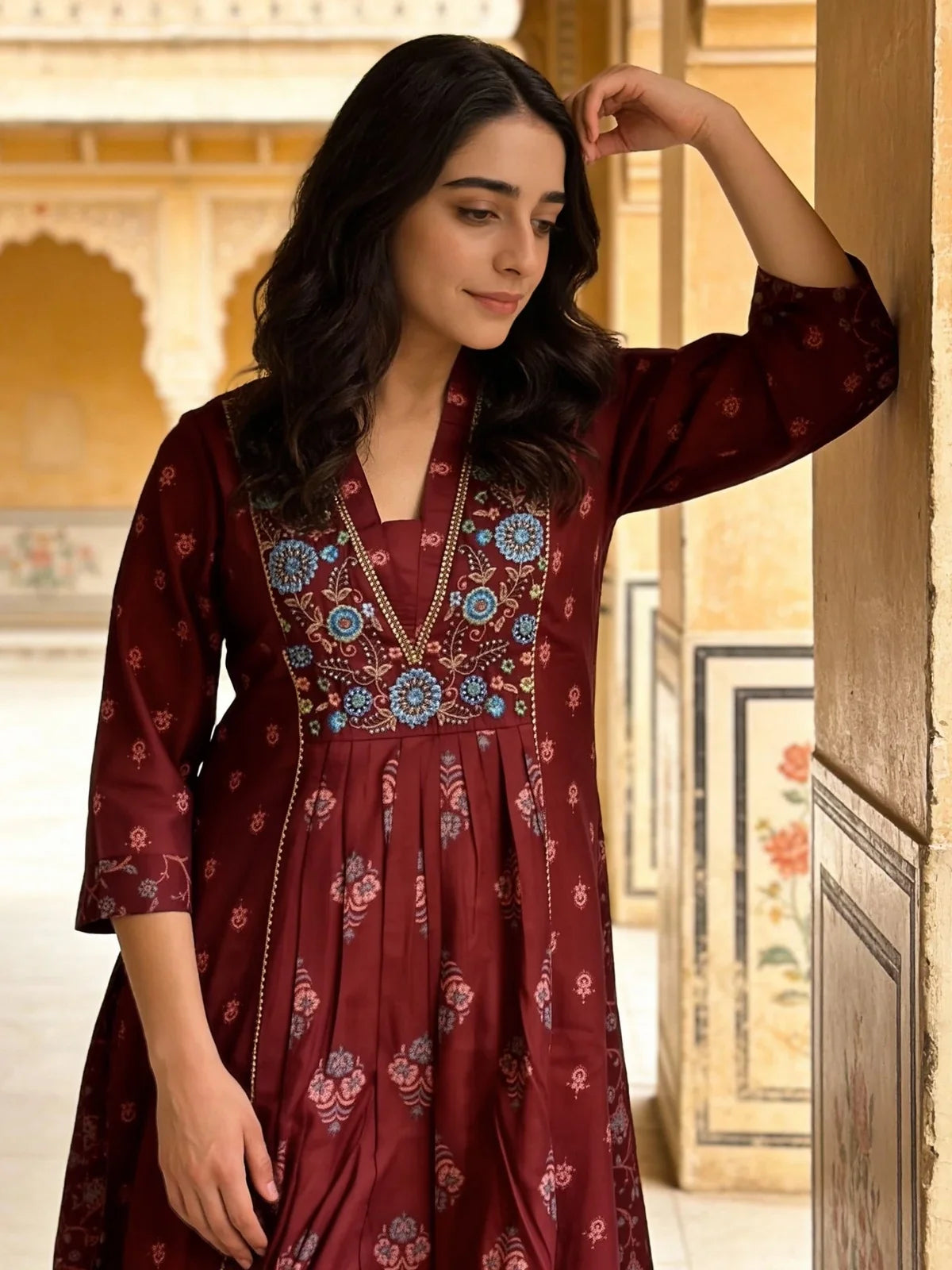Buy Poly Viscose Embroidered Anarkali Calf Length Kurta-Maroon
