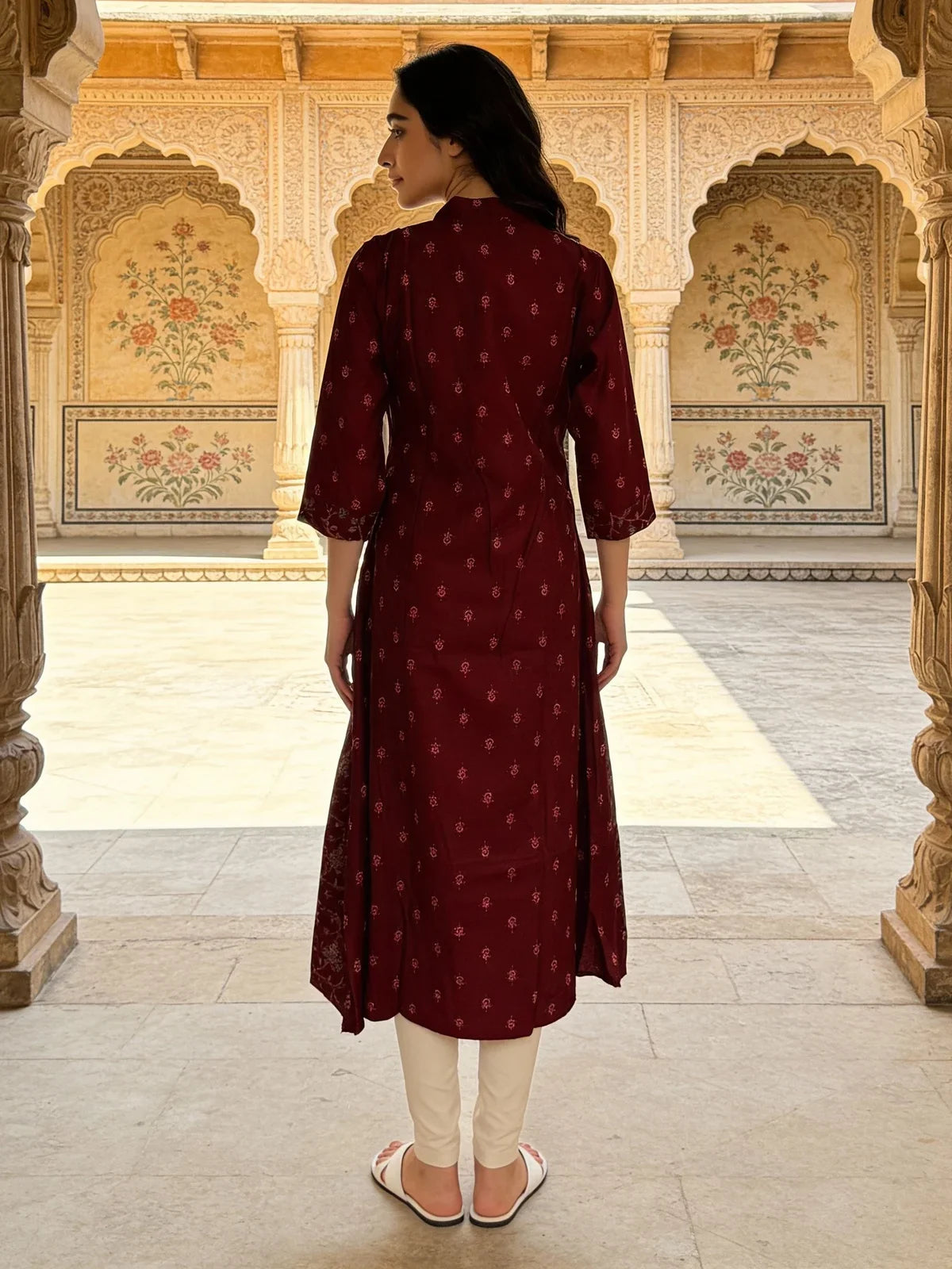Buy Poly Viscose Embroidered Anarkali Calf Length Kurta-Maroon