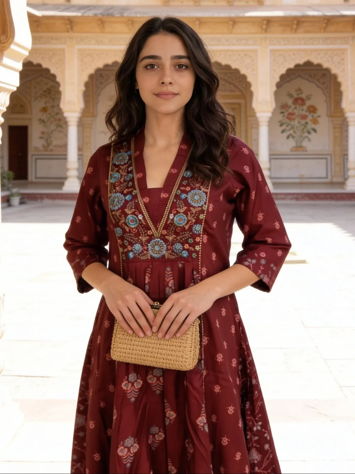 Buy Poly Viscose Embroidered Anarkali Calf Length Kurta-Maroon