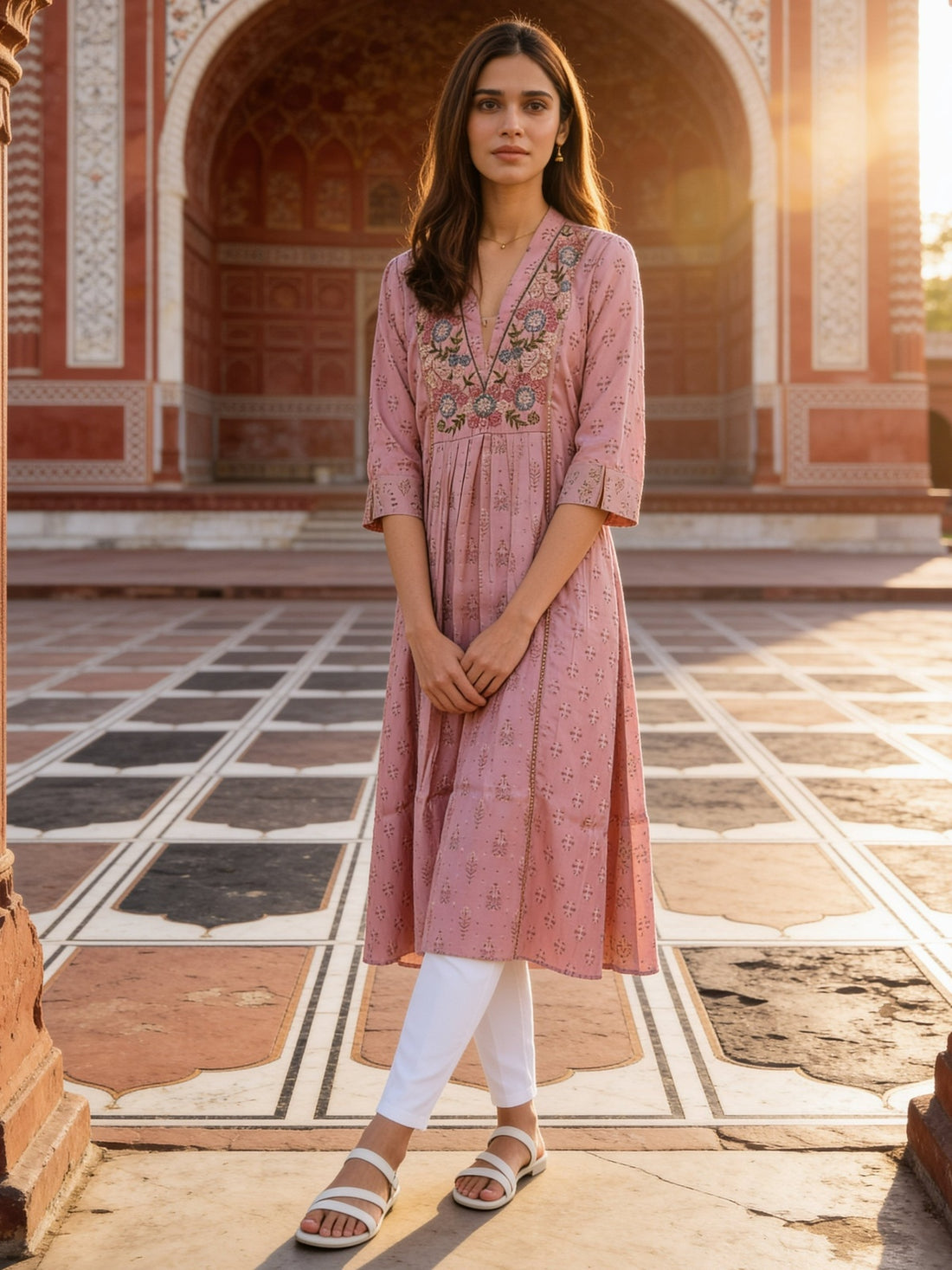 Buy Poly Viscose Embroidered Flared Calf Length Kurta-Peach