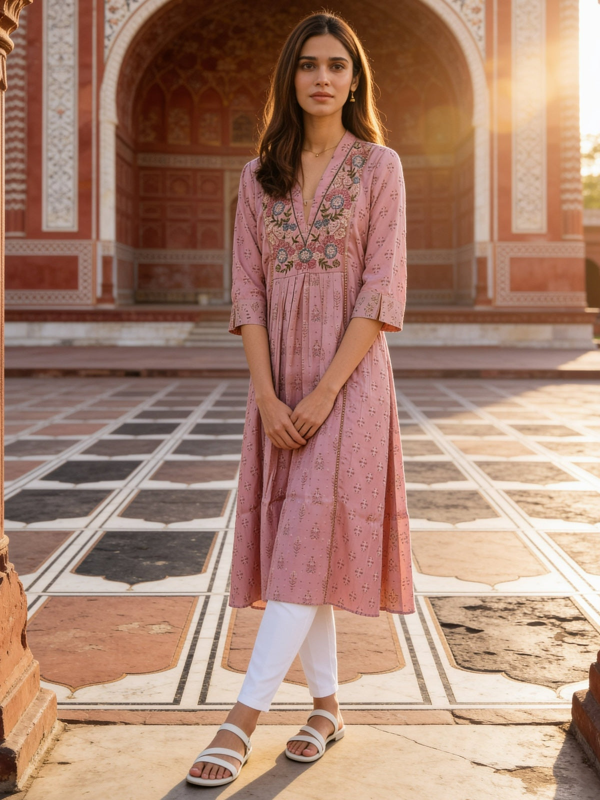 Poly Viscose Embroidered Flared Calf Length Kurta