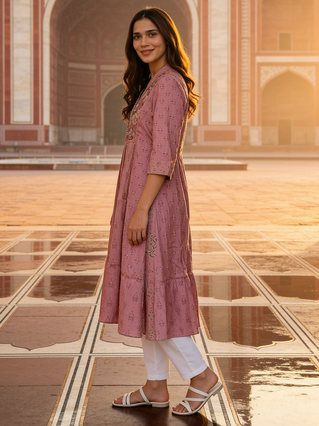 Buy Poly Viscose Embroidered Flared Calf Length Kurta-Peach