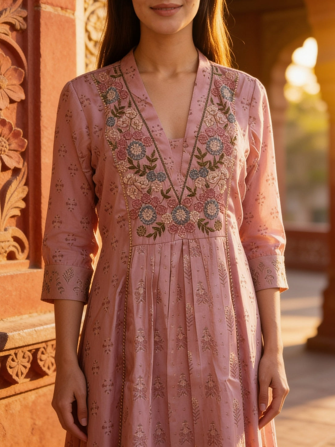 Buy Poly Viscose Embroidered Flared Calf Length Kurta-Peach