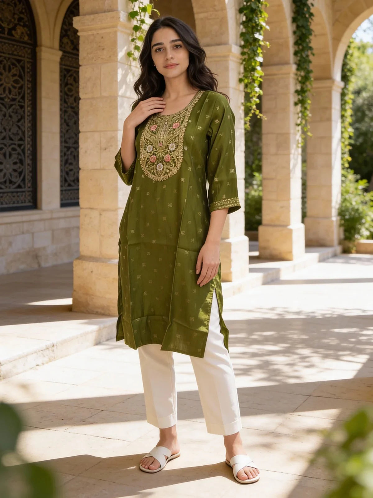 Buy Poly Viscose Embroidered Straight Calf Length Kurta-Green