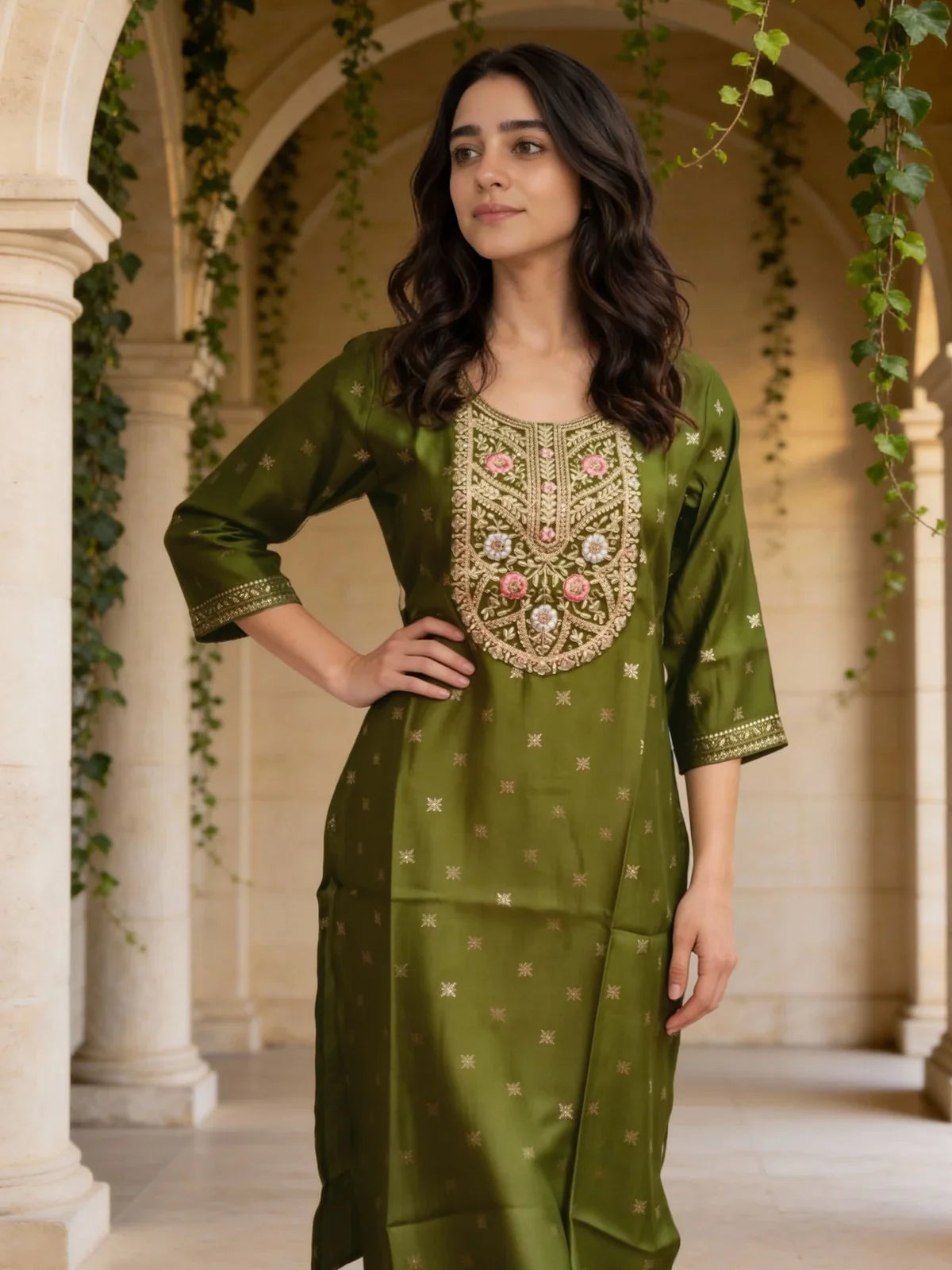 Buy Poly Viscose Embroidered Straight Calf Length Kurta-Green