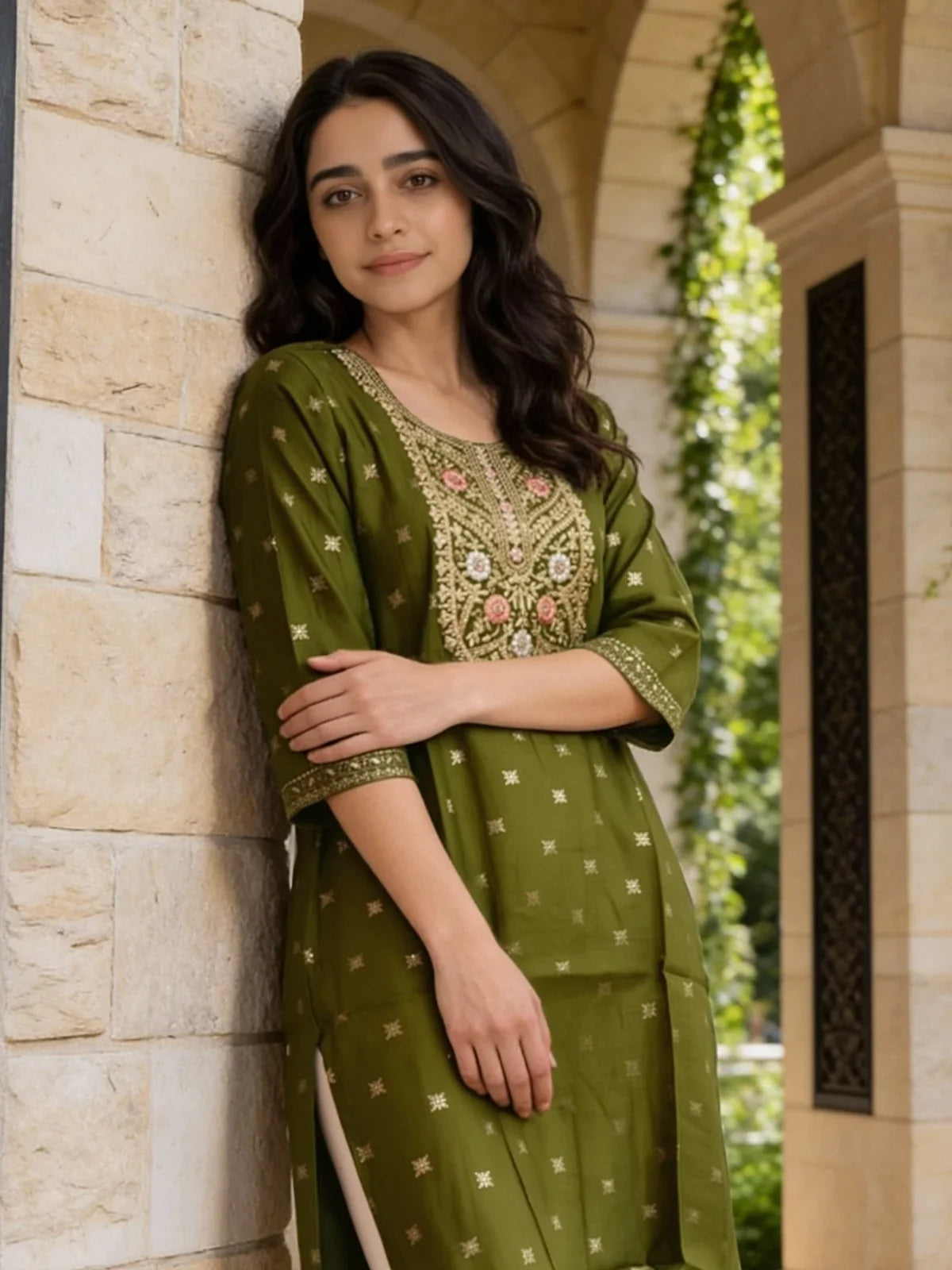 Buy Poly Viscose Embroidered Straight Calf Length Kurta-Green