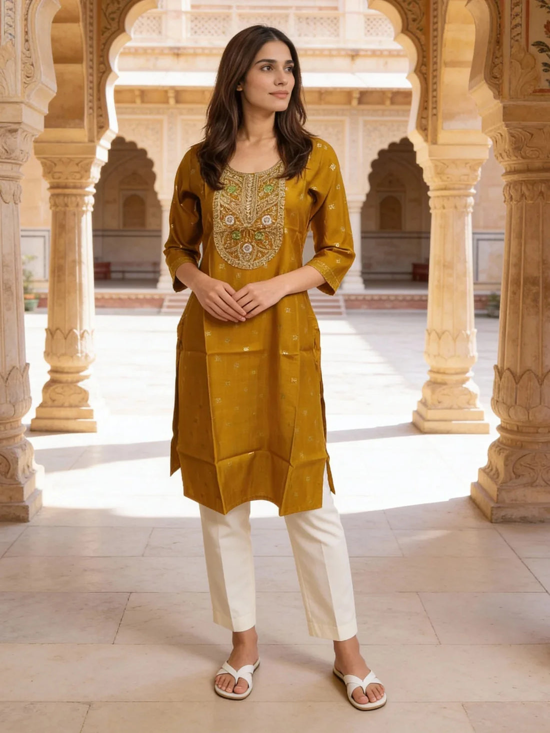 Buy Poly Viscose Embroidered Straight Calf Length Kurta-Mustard