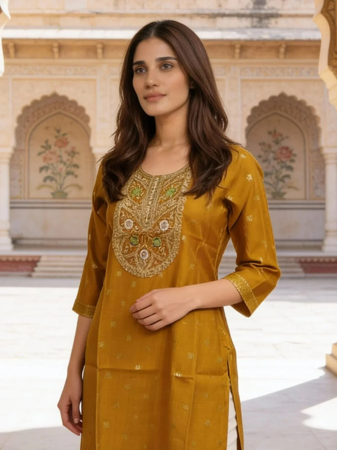 Buy Poly Viscose Embroidered Straight Calf Length Kurta-Mustard