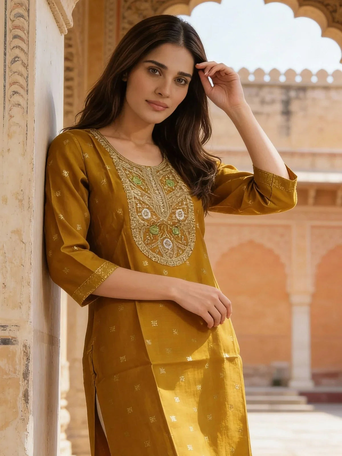 Buy Poly Viscose Embroidered Straight Calf Length Kurta-Mustard