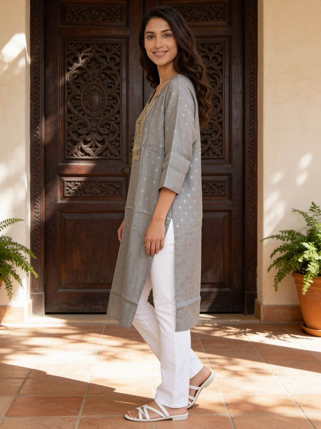 Buy Poly Viscose Embroidered Straight Calf Length Kurta-Grey