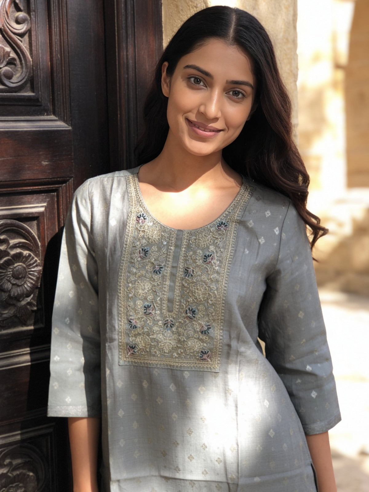 Buy Poly Viscose Embroidered Straight Calf Length Kurta-Grey