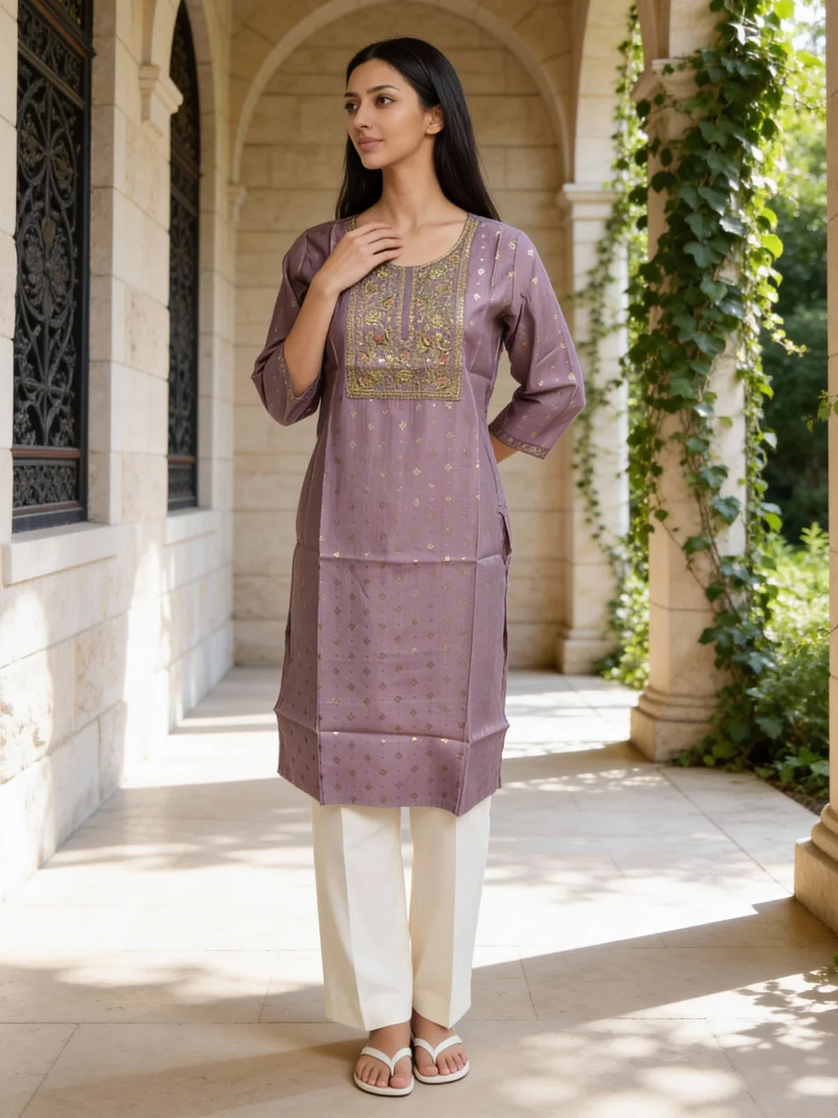 Buy Poly Viscose Embroidered Straight Calf Length Kurta-Lavender