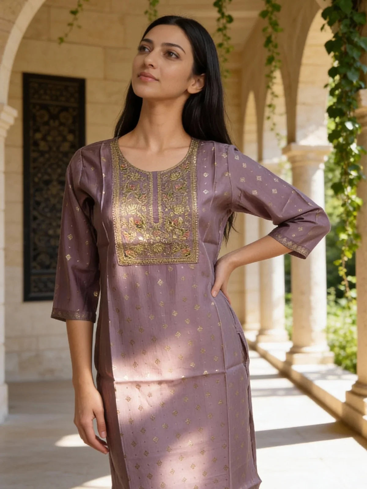 Buy Poly Viscose Embroidered Straight Calf Length Kurta-Lavender