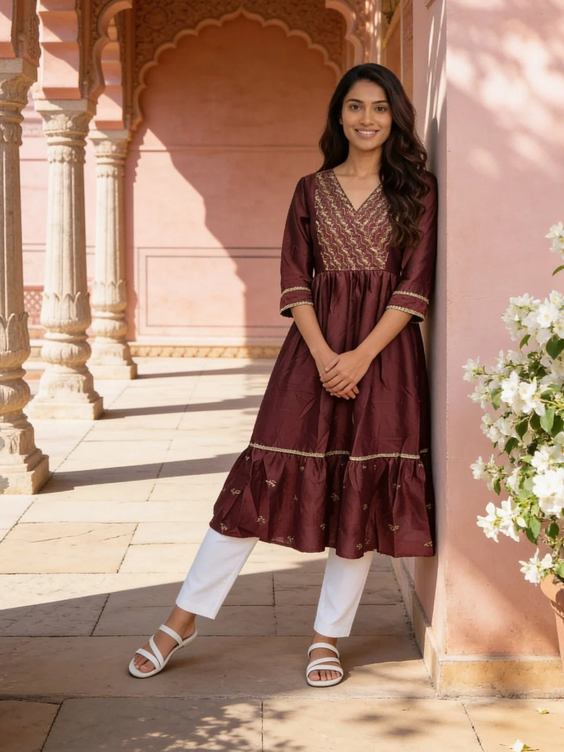 Buy Poly Viscose Embroidered Flared Calf Length Kurta-Mauve