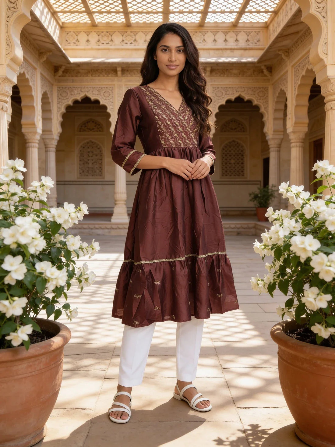 Buy Poly Viscose Embroidered Flared Calf Length Kurta-Mauve