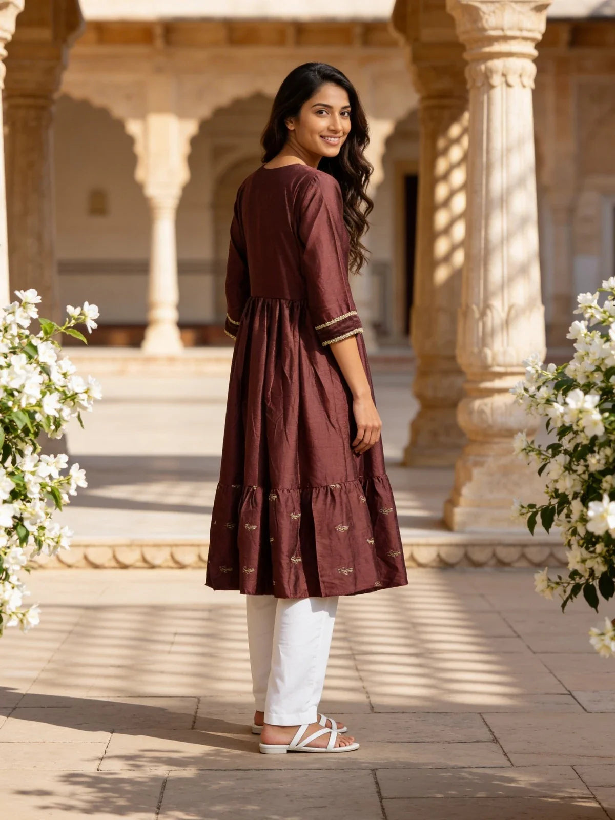 Buy Poly Viscose Embroidered Flared Calf Length Kurta-Mauve